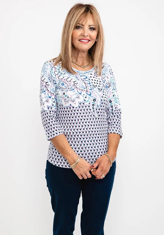 Olsen Paisley Outline & Petal Print T-Shirt, Cornflower Multi-- Print Jacquard Patchwork