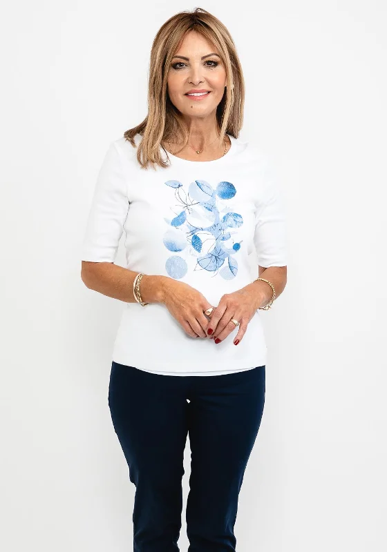 Olsen Petal Graphic T-Shirt, White & Blue-- V-Neck T-Shirt Long Sleeve Cotton