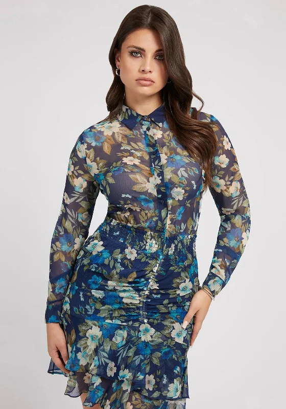 Guess Womens Floral Shirt, Navy Multi-- Terry Blend Velvet Blend Canvas Blend