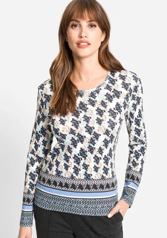 Olsen Block Print T-Shirt, Navy Multi-- Welt Pockets Slit Pockets Flap Pockets