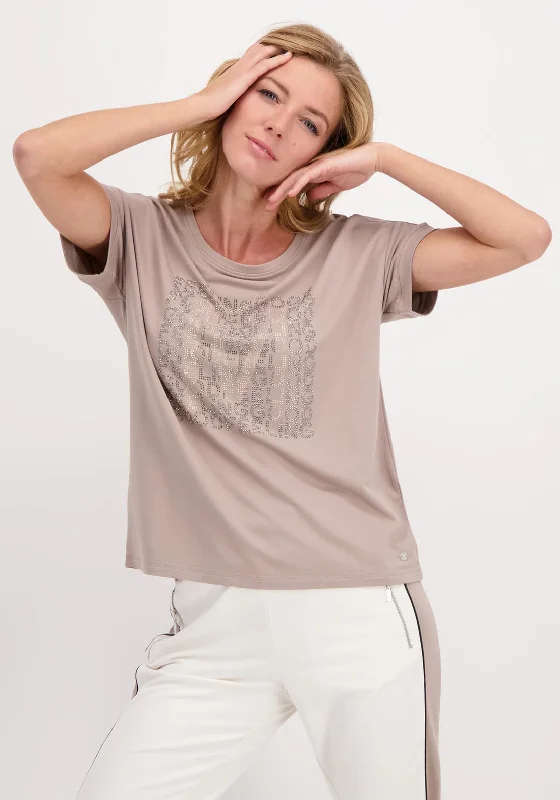 Monari Rhinestone T-Shirt, Taupe-- Ribbed T-Shirt High Neck Heavyweight