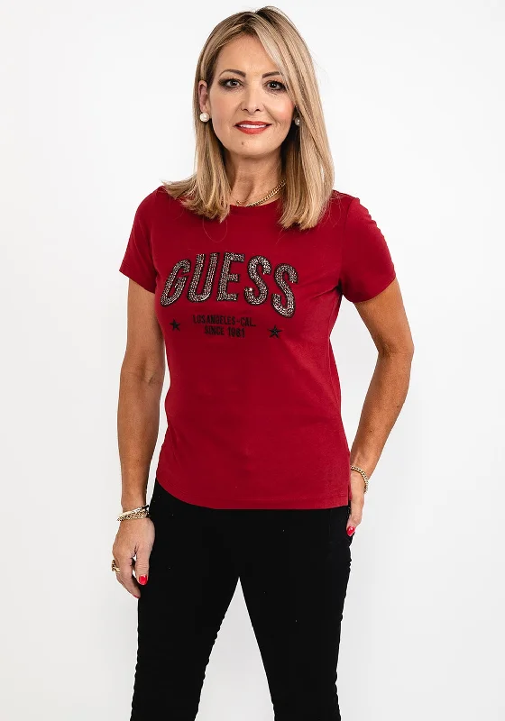 Guess Womens Embellished Logo T-Shirt, Red-- Cotton Fabric Linen Fabric Terry Fabric Guess Womens Embellished Logo T-Shirt, Red-- Cotton Fabric Linen Fabric Terry Fabric