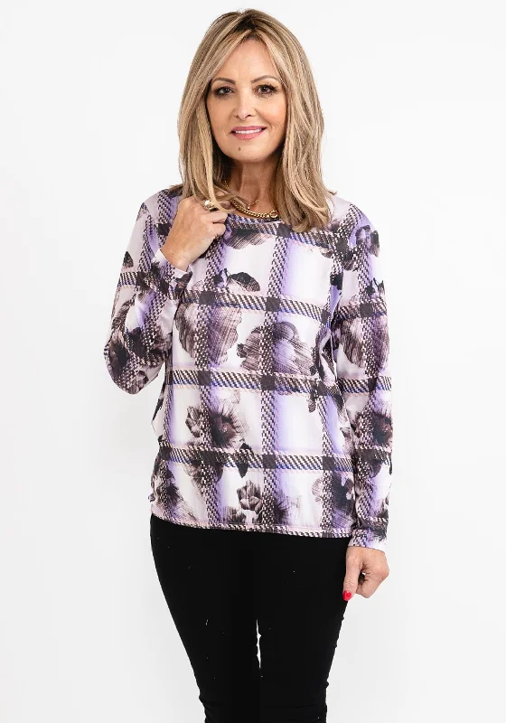 Rabe Floral & Check Print T-Shirt, Purple Multi-- Polka Dot Checkered Tartan