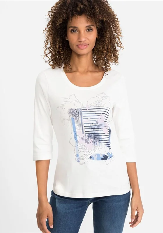 Olsen Edda Placement Flower T-Shirt, White & Blue-- Hooded Caped Shawl Collar