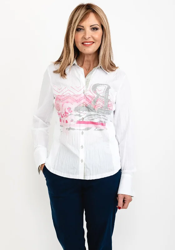 Just White Crinkle Look Print Shirt, White & Pink-- Seamless Knitted Crochet