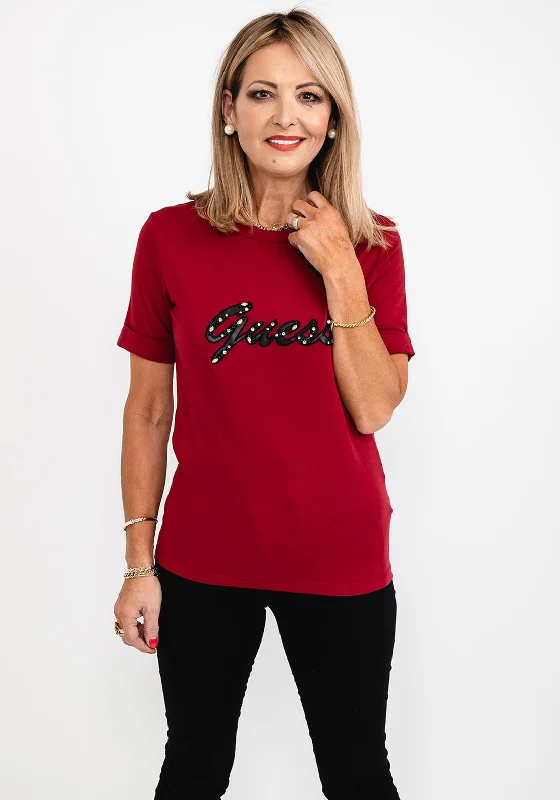 Guess Womens Script Embellished T-Shirt, Red-- Wool Fabric Cashmere Fabric Tweed Fabric Guess Womens Script Embellished T-Shirt, Red-- Wool Fabric Cashmere Fabric Tweed Fabric