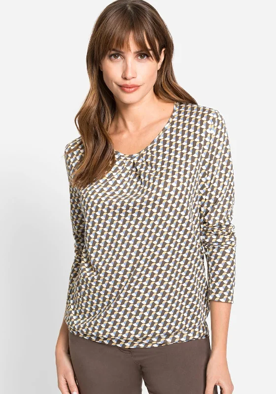 Olsen Geo Print Long Sleeve T-Shirt, Brown Blue Multi-- Satin Fabric Silk Fabric Chiffon Fabric Olsen Geo Print Long Sleeve T-Shirt, Brown Blue Multi-- Satin Fabric Silk Fabric Chiffon Fabric