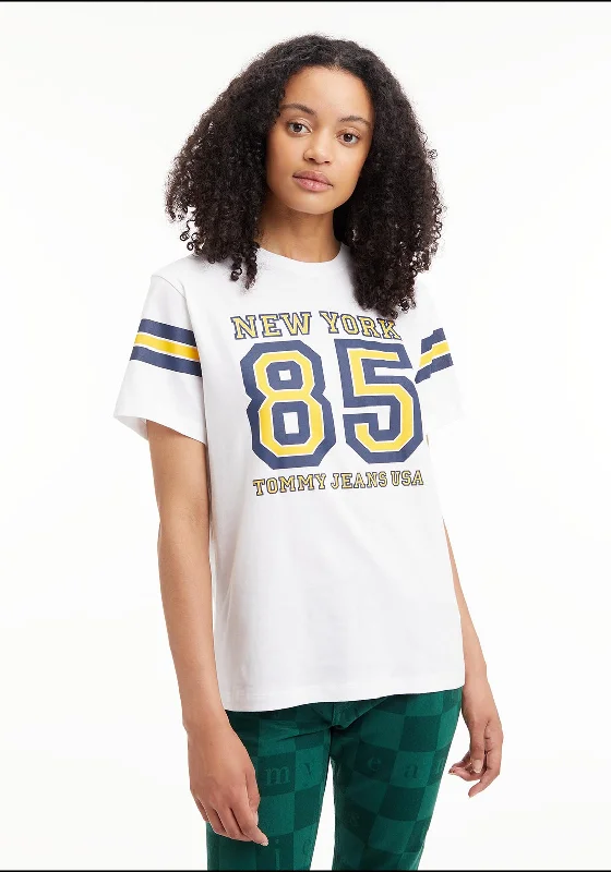 Tommy Jeans Womens Relaxed College T-Shirt, White-- Solid Print Embellished