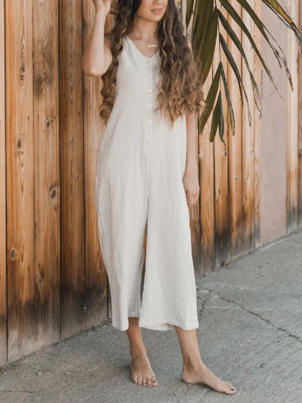 Women Sleeveless V-neck Jumpsuit Stripe Jumpsuit Tailored wide leg jumpsuit, Professional, Elegant, Chic