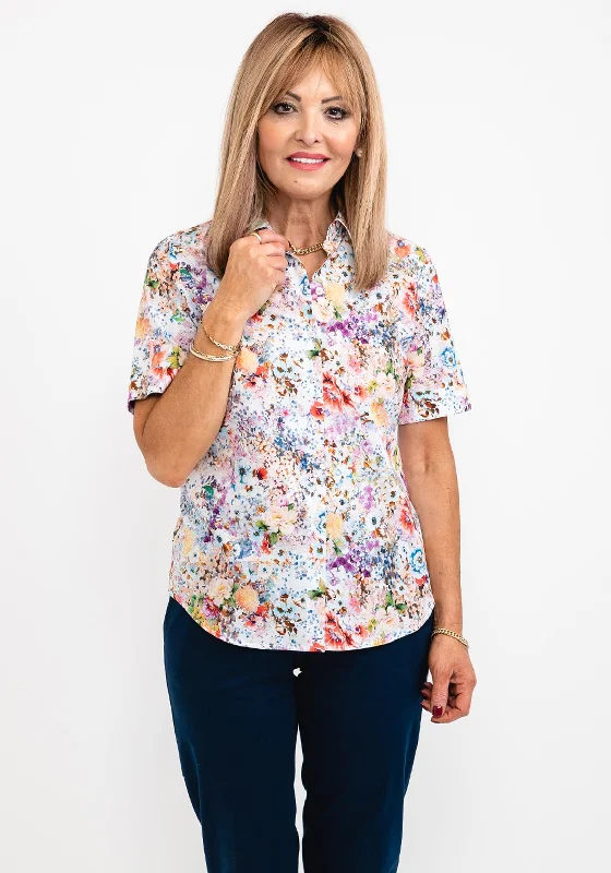 ERFO Floral Short Sleeve Light Shirt, Multi-- Real Fur Shearling Chenille