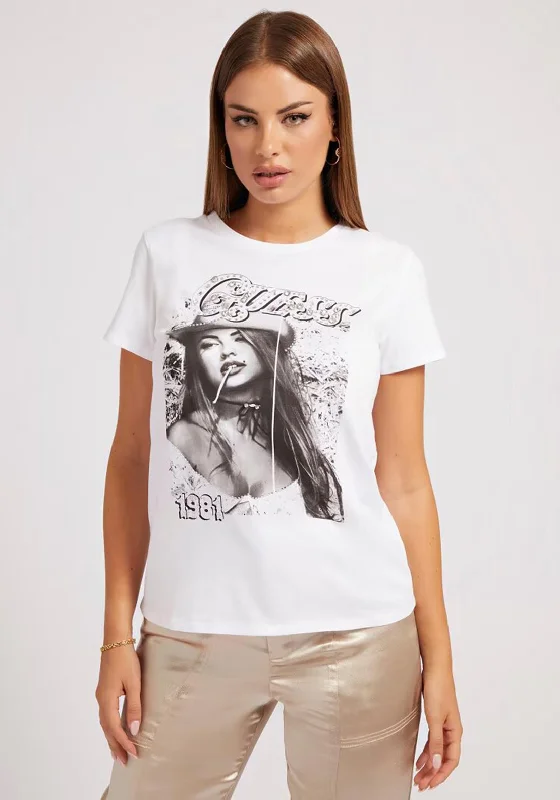 Guess Womens Diamante Cowgirl T-Shirt, White-- Ribbed T-Shirt High Neck Heavyweight