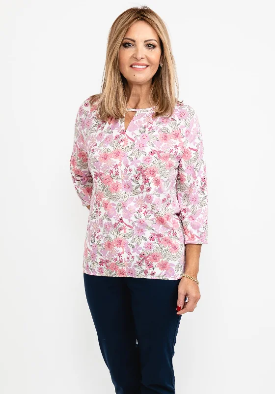 Olsen Floral Keyhole Neck T-Shirt, Blossom-- Fitted T-Shirt Seamless Stretchy
