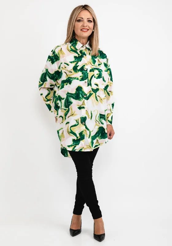 Seventy1 Printed Long Oversize Tunic Shirt, Green Multi-- Zippered Front Buttoned Front Snap Front Seventy1 Printed Long Oversize Tunic Shirt, Green Multi-- Zippered Front Buttoned Front Snap Front