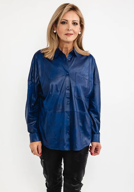 Eva Kayan Leather Look Shirt, Blue-- Graphic Embroidered Appliqued