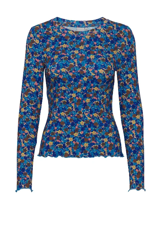 Ichi Floral Long Sleeve T-Shirt, Royal Blue Multi-- Mesh Blend Leather Blend Suede Blend Ichi Floral Long Sleeve T-Shirt, Royal Blue Multi-- Mesh Blend Leather Blend Suede Blend