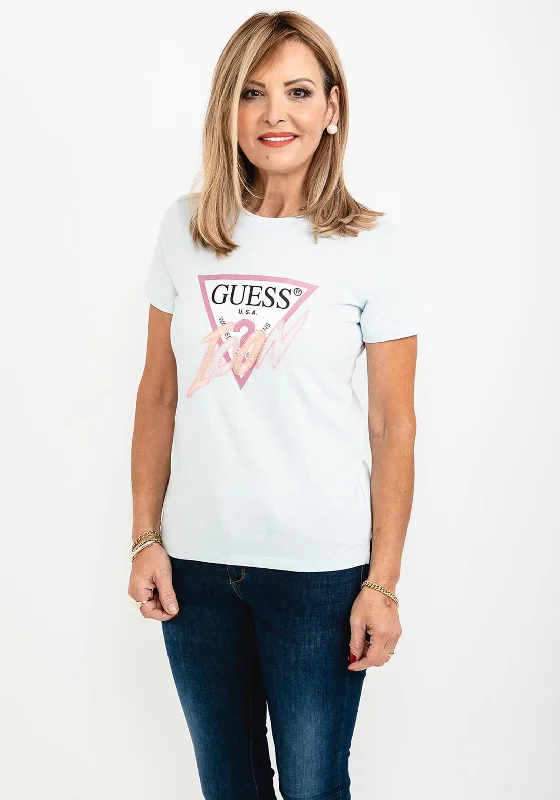 Guess Womens Icon Logo T-Shirt, Baby Blue-- Solid Print Embellished