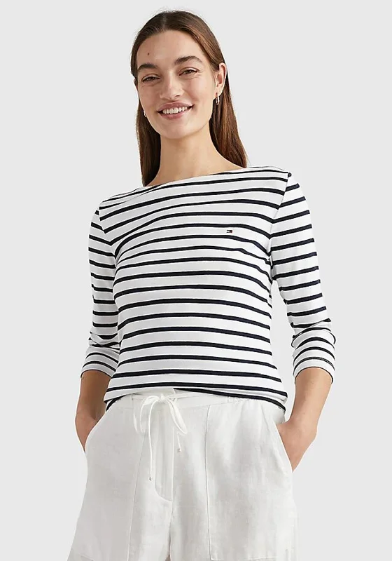 Tommy Hilfiger Womens Striped Boat Neck T-Shirt, Navy-- Iron Safe Non-Iron Wrinkle Free Tommy Hilfiger Womens Striped Boat Neck T-Shirt, Navy-- Iron Safe Non-Iron Wrinkle Free