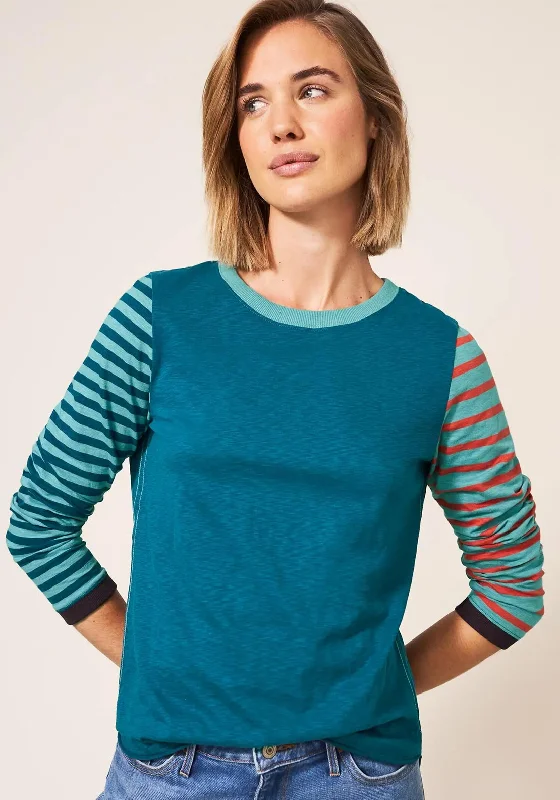 White Stuff Cassie Striped Sleeve T-Shirt, Blue Multi-- Welt Pockets Slit Pockets