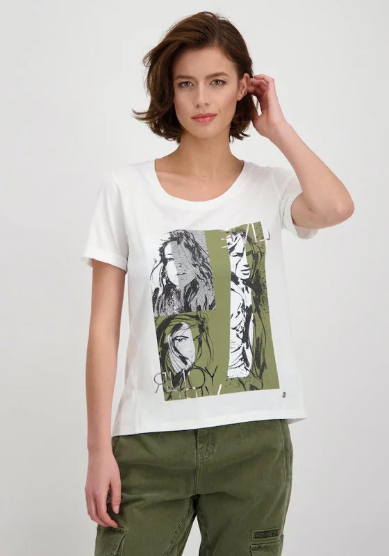 Monari Rhinestone Model Graphic T-Shirt, White & Olive Green-- Chenille Brocade Lace Monari Rhinestone Model Graphic T-Shirt, White & Olive Green-- Chenille Brocade Lace