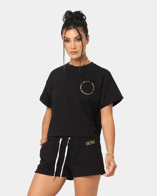 Dead Studios Women's Razor Wire Crop T-Shirt Black Gold-- Striped Floral Plaid