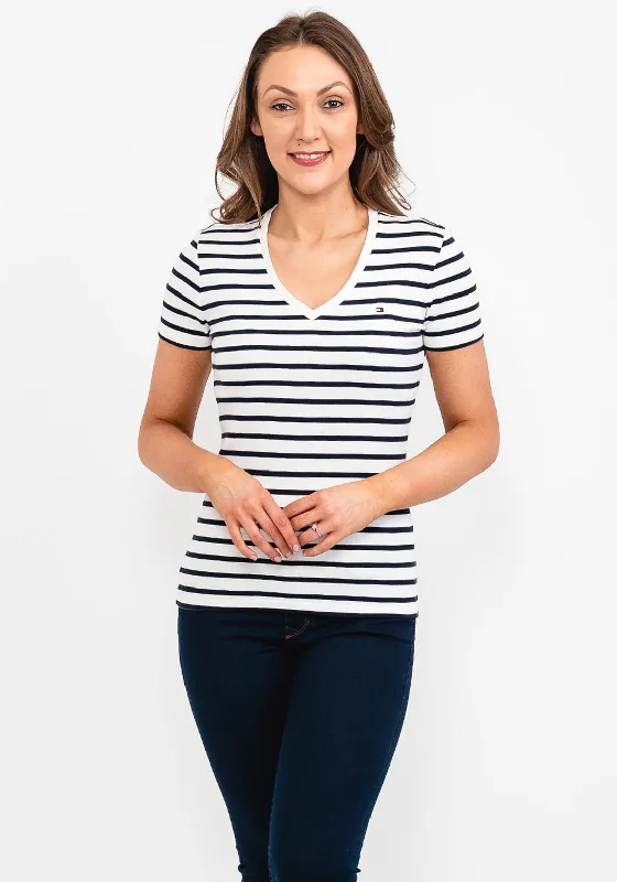 Tommy Hilfiger Womens Cody Stripe T-Shirt, White & Navy-- Casual Formal Business