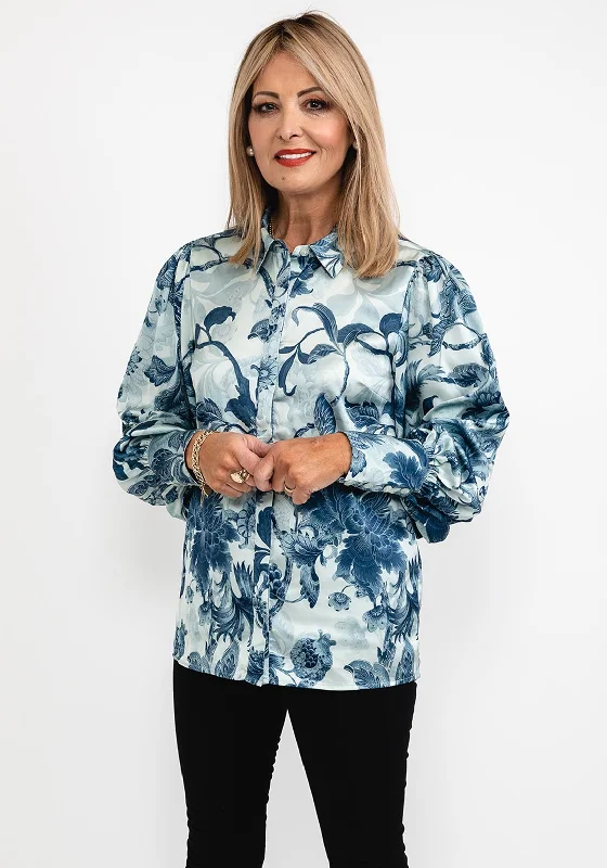 Guess Womens Print Satin Shirt, Blue-- Denim Fabric Leather Fabric Suede Fabric