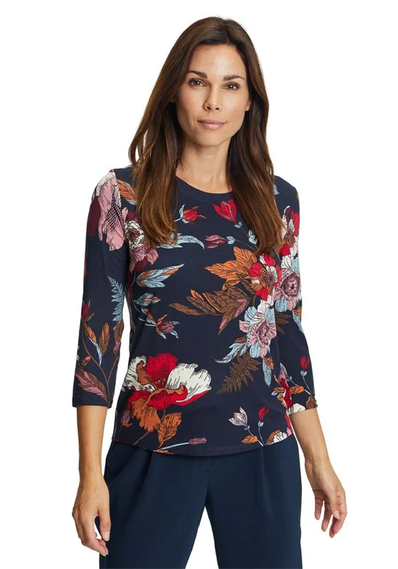 Betty Barclay Autumn Leaf Print T-Shirt, Navy Multi-- Graphic Embroidered Appliqued