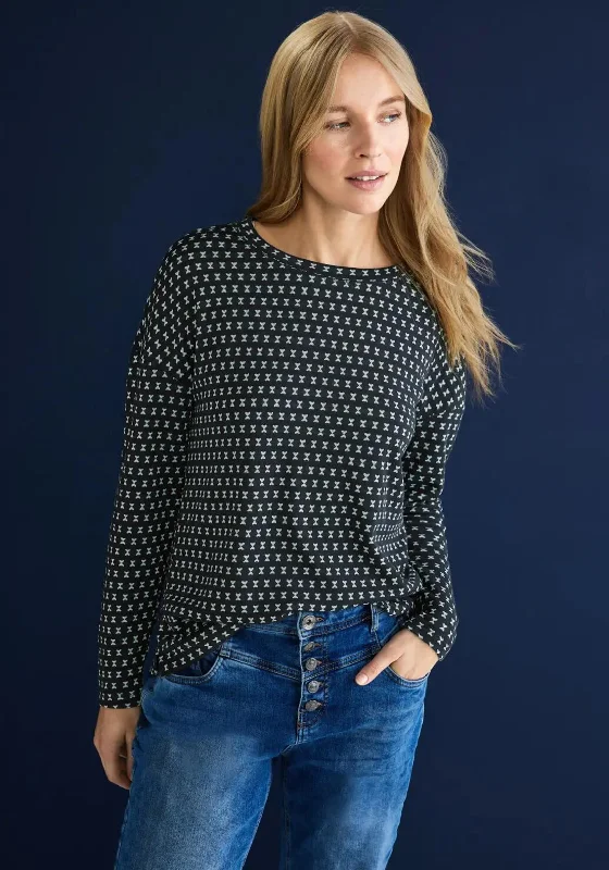 Street One Bow Print T-Shirt, Black & Brisk Green-- Collared Crew Neck Turtle Neck