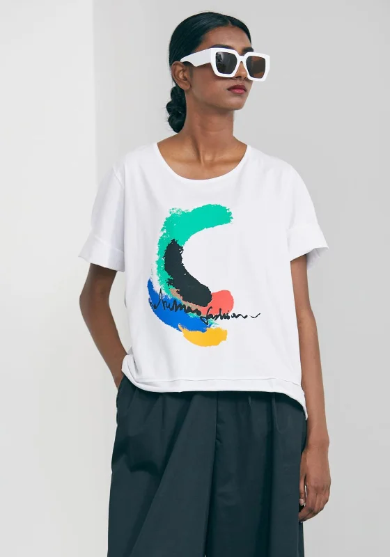 Naya Colourful Placement Print T-Shirt, White-- Silk Blend Satin Velvet