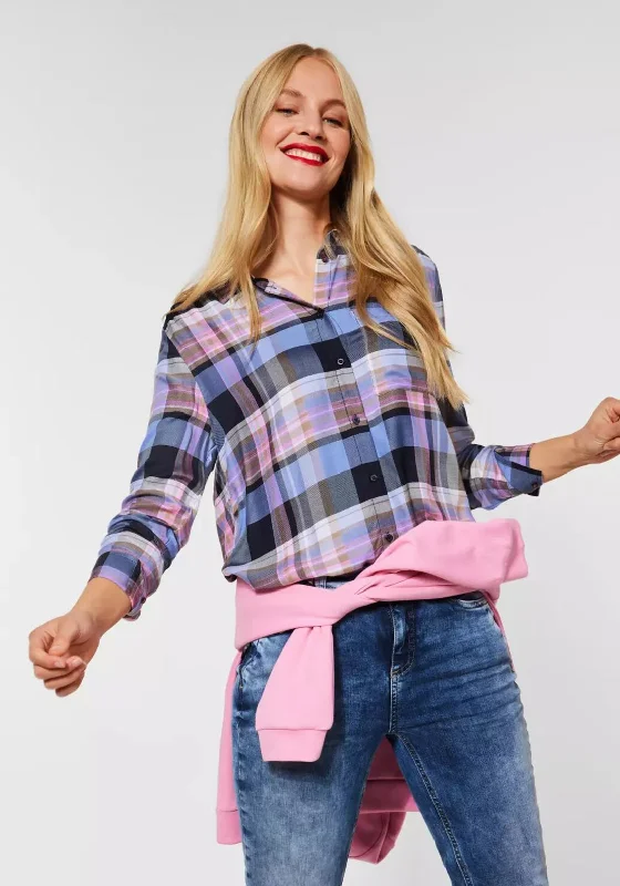 Street One Checked Shirt, Dazzling Blue-- Hooded Caped Shawl Collar