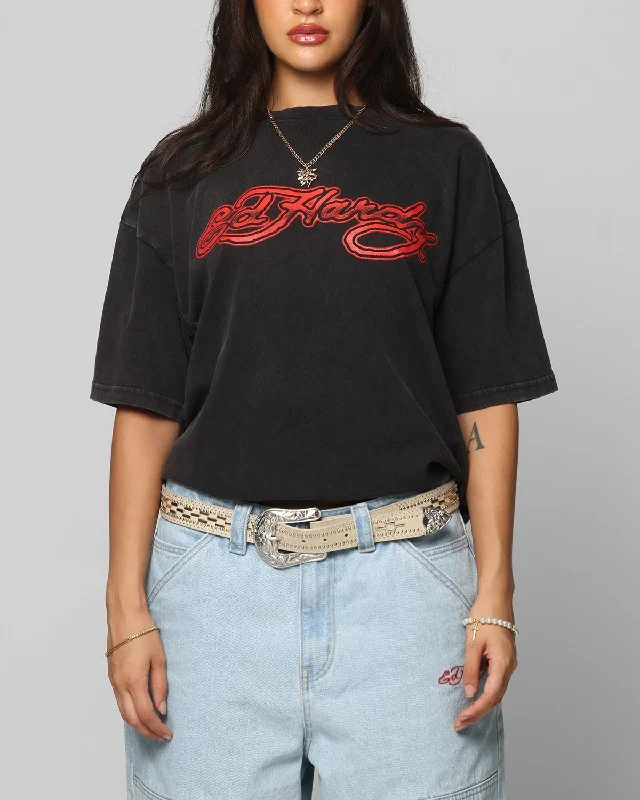 Ed Hardy Tribal T-Shirt Black Acidwash-- Chenille Blend Fleece Blend Nylon Blend
