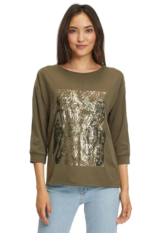Betty Barclay Matte Sequin Design T-Shirt, Khaki-- Sequined Glittery Shiny