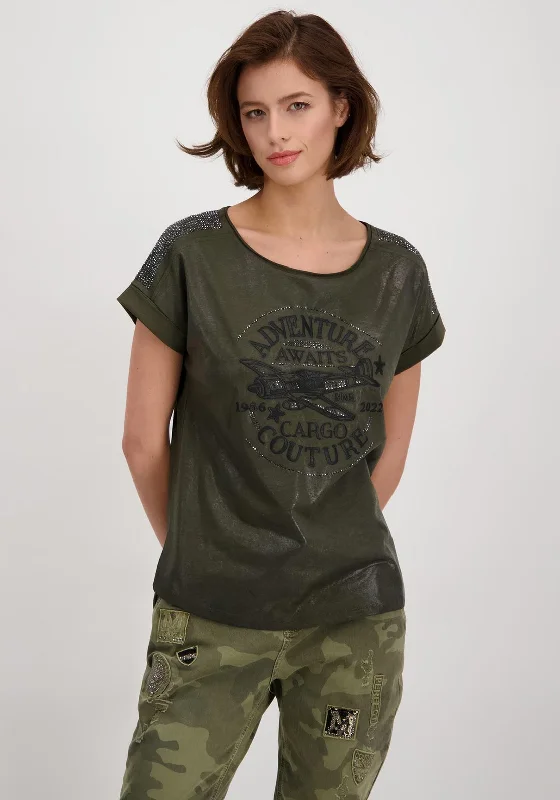 Monari Rhinestone High Shine T-Shirt, Khaki-- Mesh Canvas Denim