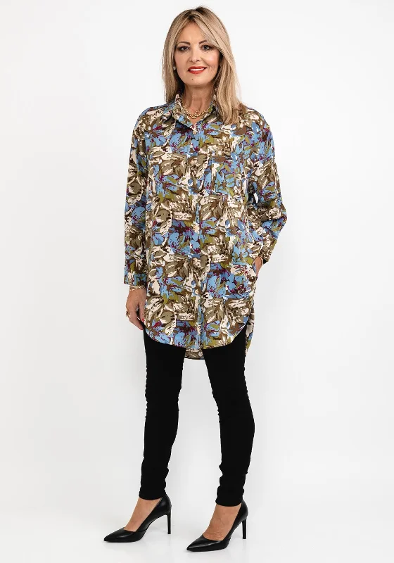 Seventy1 Printed Long Oversize Tunic Shirt, Khaki Multi-- Hooded Caped Shawl Collar