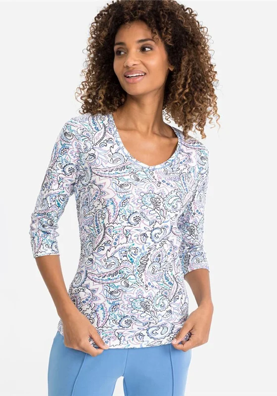 Olsen Paisley Outline Print T-Shirt, Cornflower Multi-- Collared Crew Neck Turtle Neck
