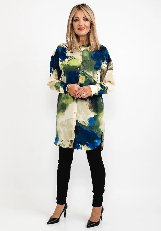Seventy1 Round Neck Long Oversize Tunic Shirt, Multi-- Polka Dot Checkered Tartan