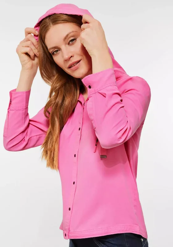 Cecil Hooded Button Shirt, Frosted Rose-- Ribbed Striped Patterned