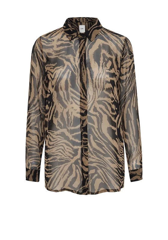 Ichi Chiffy Pattern Flow Shirt, Tan-- Elegant Classic Vintage