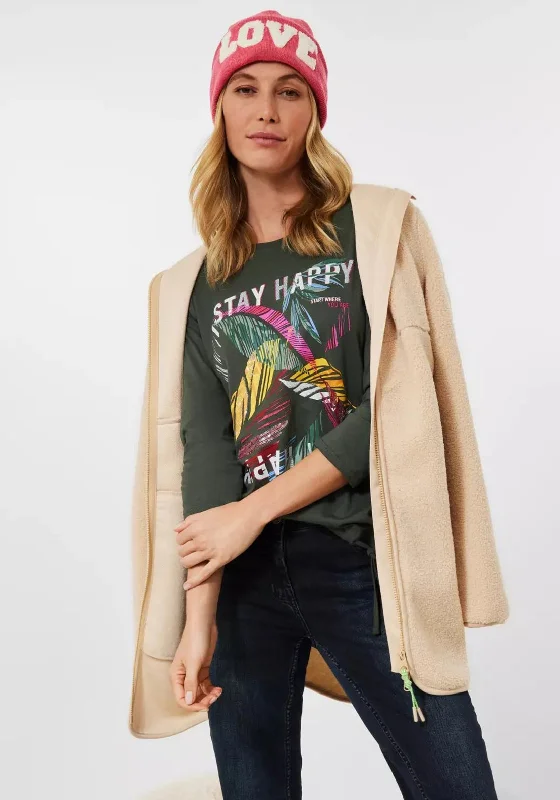 Cecil Leaf & Text Print T-Shirt, Deep Pine Green-- Beaded Sequined Faux Fur