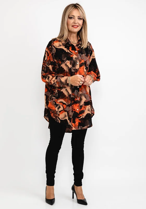 Seventy1 Printed Long Oversize Tunic Shirt, Orange Multi-- Welt Pockets Slit Pockets Flap Pockets Seventy1 Printed Long Oversize Tunic Shirt, Orange Multi-- Welt Pockets Slit Pockets Flap Pockets