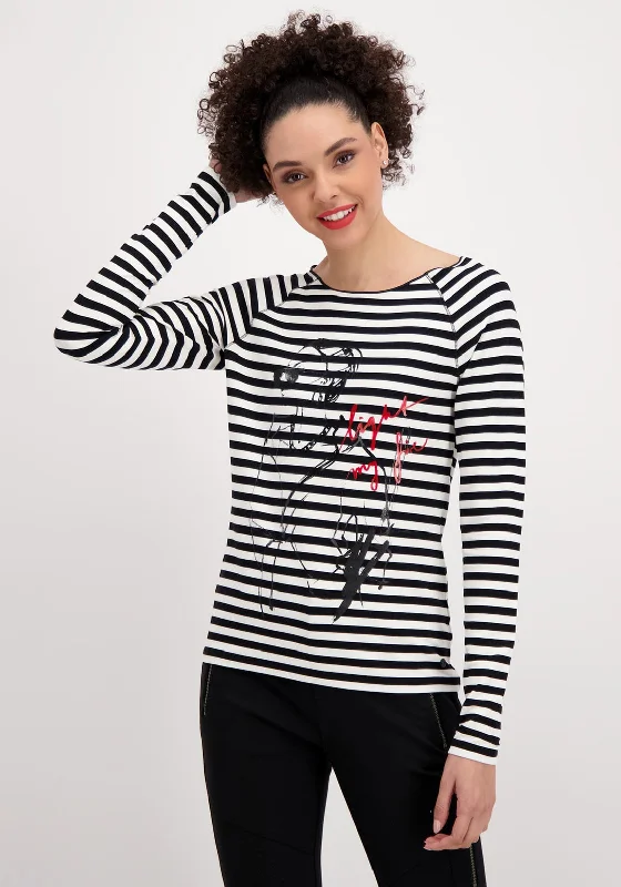 Monari Long Sleeve Striped T-Shirt, Black & White-- Striped Floral Plaid