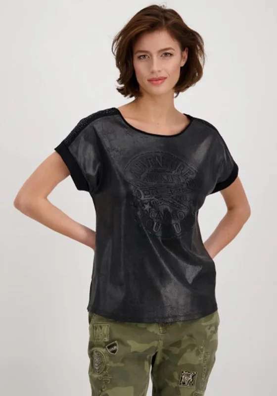 Monari Rhinestone High Shine T-Shirt, Black-- Seamless Knitted Crochet