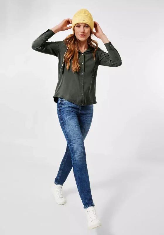 Cecil Hooded Button Shirt, Deep Pine Green-- Mesh Fabric Canvas Fabric Denim Fabric