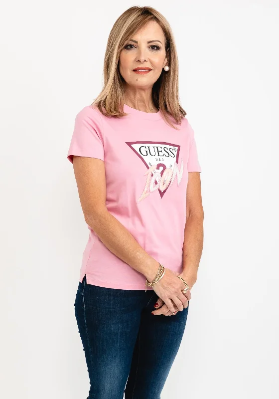Guess Womens Icon Logo T-Shirt, Pink-- Sequined Glittery Shiny