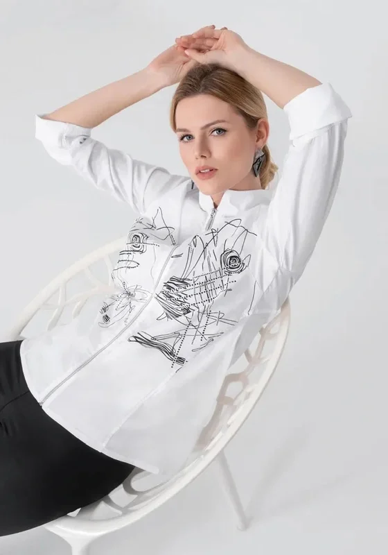 Ever Sassy Print Zipped Shirt, White-- Striped Floral Plaid