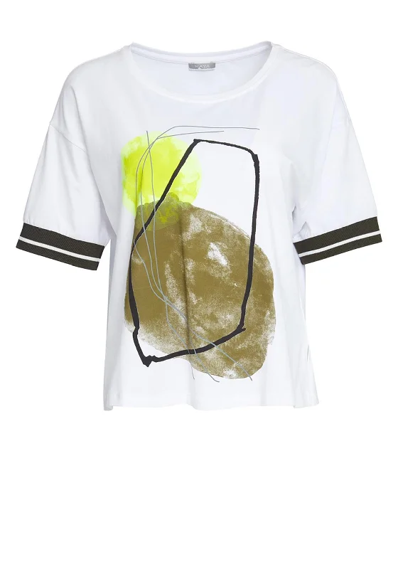Naya Printed Rib Sleeve T-Shirt, White & Khaki-- Mesh Blend Leather Blend Suede Blend