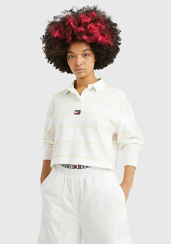 Tommy Jeans Womens Crop Rugby Shirt, Faint Pink-- Hooded Caped Shawl Collar