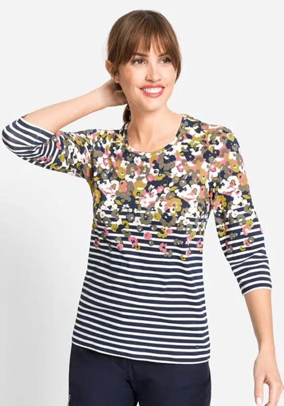 Olsen Edda Floral Print Long Sleeve T Shirt, Multi-- Welt Pockets Slit Pockets