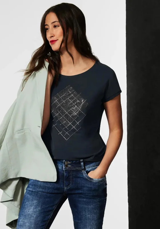 Street One Rhinestone Diamond T-Shirt, Black-- Beaded Sequined Faux Fur