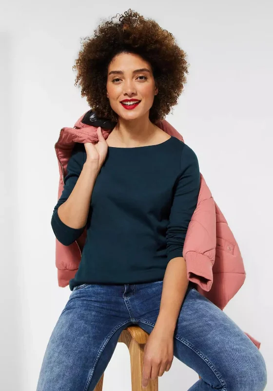Street One Boat Neck Long Sleeve T-Shirt, Deep Teal Blue-- Zippered Front Buttoned Front Snap Front Street One Boat Neck Long Sleeve T-Shirt, Deep Teal Blue-- Zippered Front Buttoned Front Snap Front